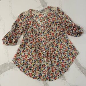 American Rag Cie Cottagecore Floral Tie Back Sheer Peasant Top Womens Small Lace